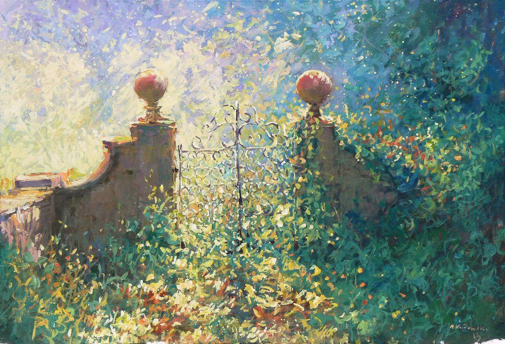 National Trust painting by Mariusz Kaldowski — acrylic on canvas, 100 × 150 cm, inspired by Old Gate at Nymans
