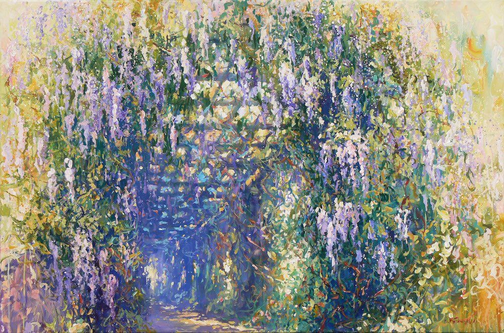 National Trust painting by Mariusz Kaldowski — acrylic on canvas, inspired by wisteria pergola at Nymans