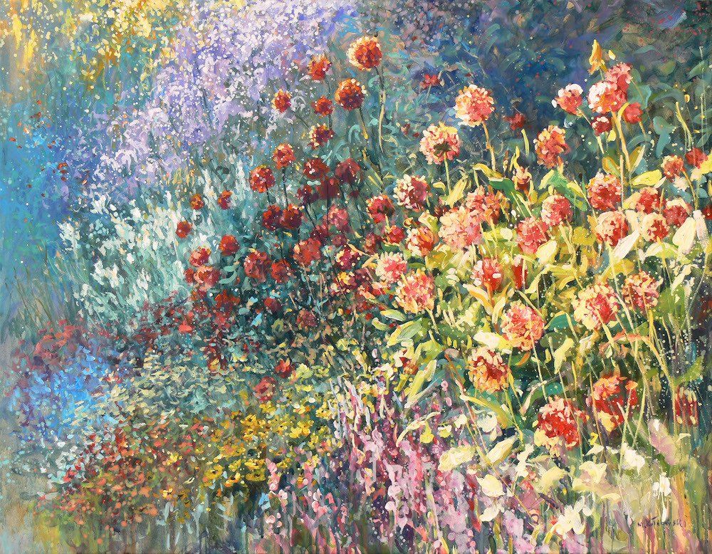 National Trust painting by Mariusz Kaldowski — acrylic on canvas, inspired by a flower border with dahlias at Nymans