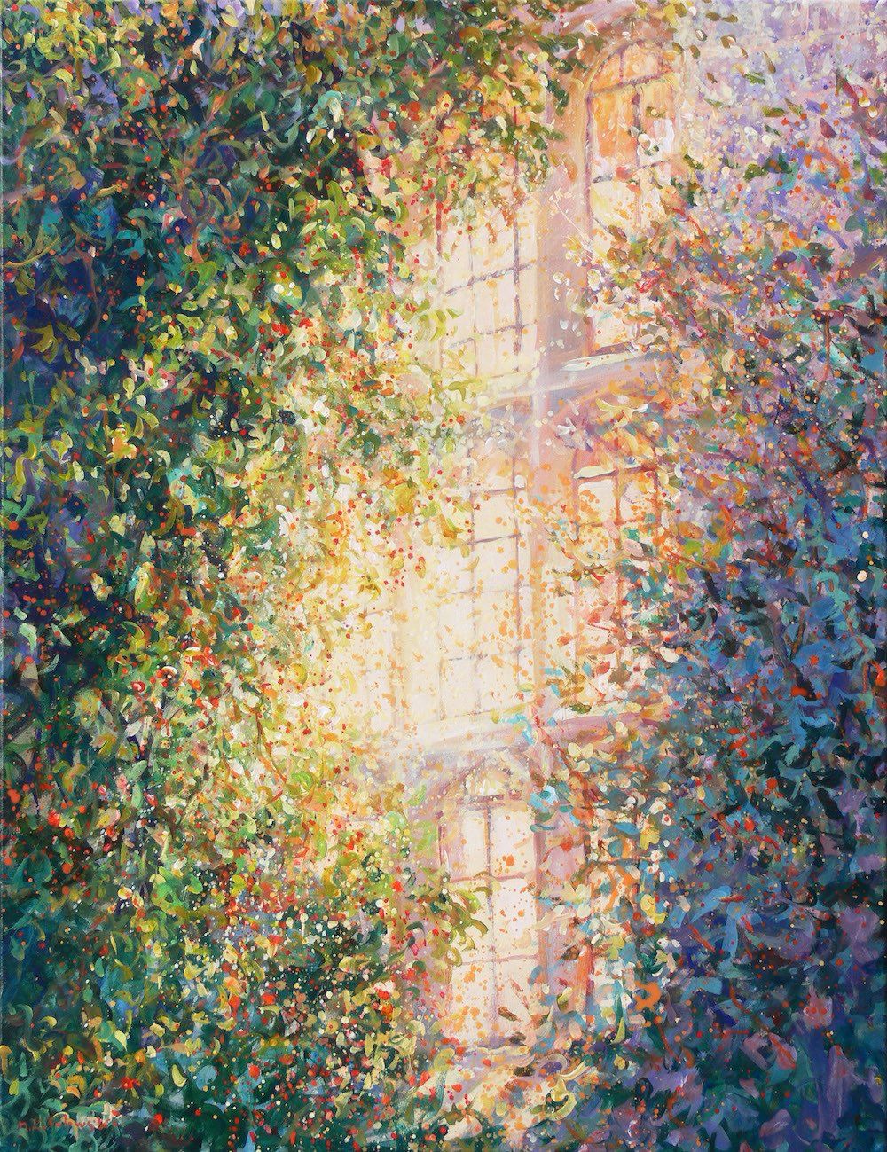 National Trust painting by Mariusz Kaldowski — acrylic on canvas, inspired by window with climber at Nymans