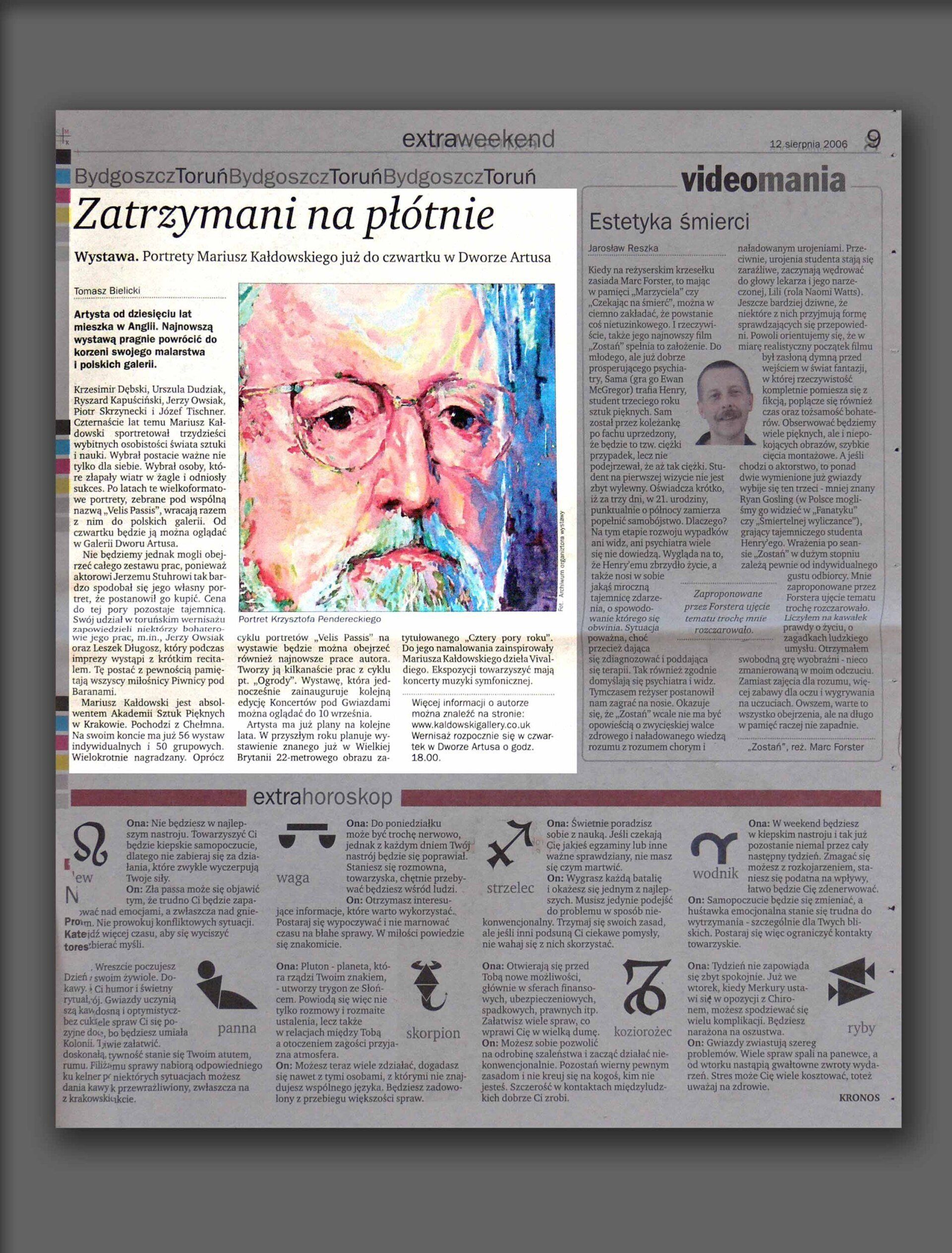 article on Krzysztof Penderecki in Nowosci newspaperwith with portrait by Mariusz Kaldowski of Krzysztof Penderecki