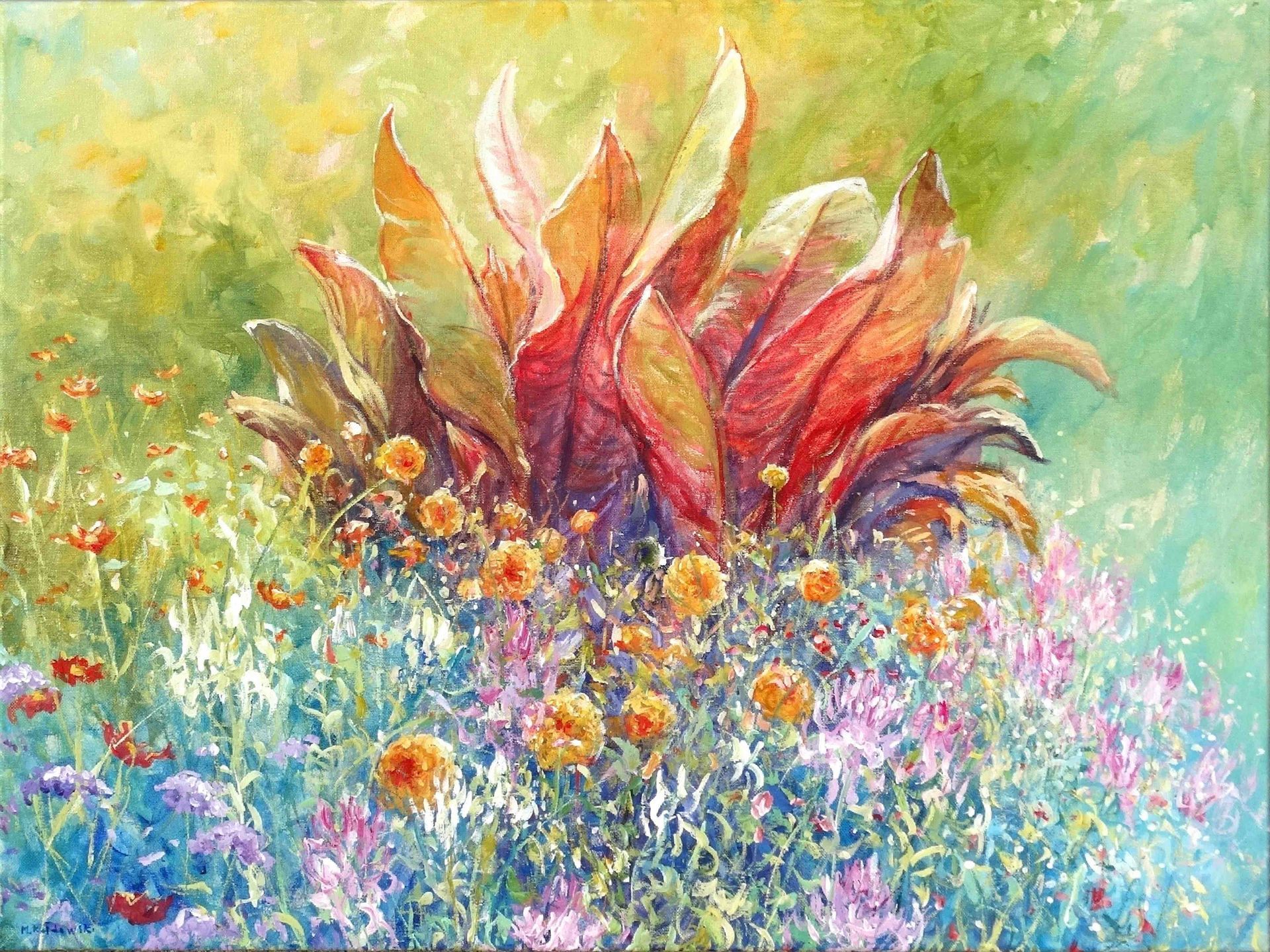 Nymans 2024 acrylic painting by Mariusz Kaldowski, inspired by National Trust gardens, late summer flowers at the park