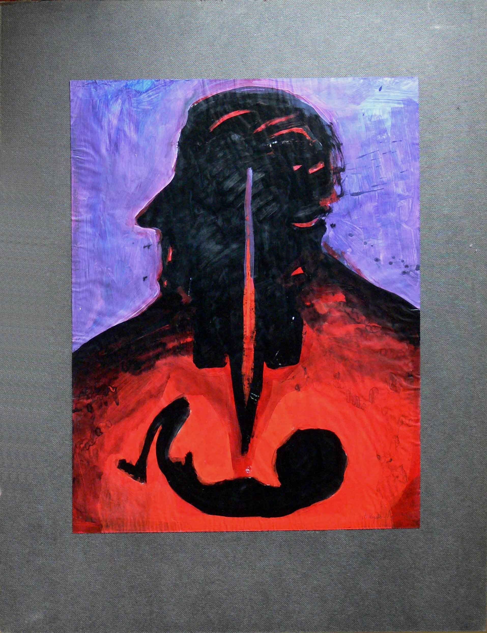 purple sky with dark head and shadow figure graphic