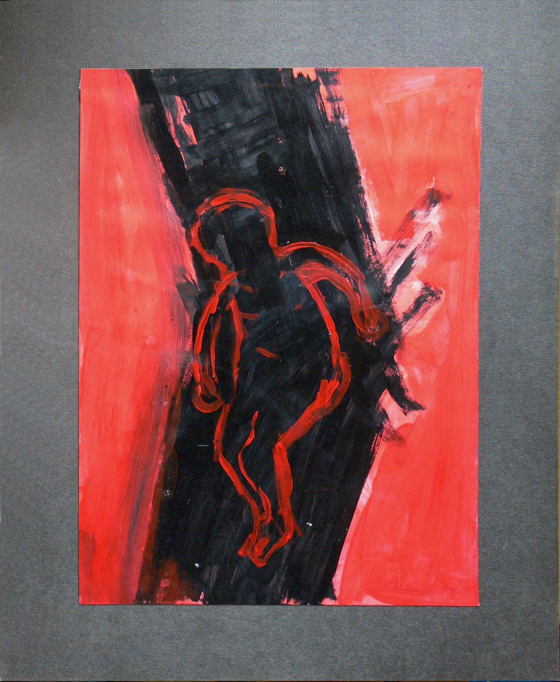 Simplified human outline surrounded by chaotic strokes.