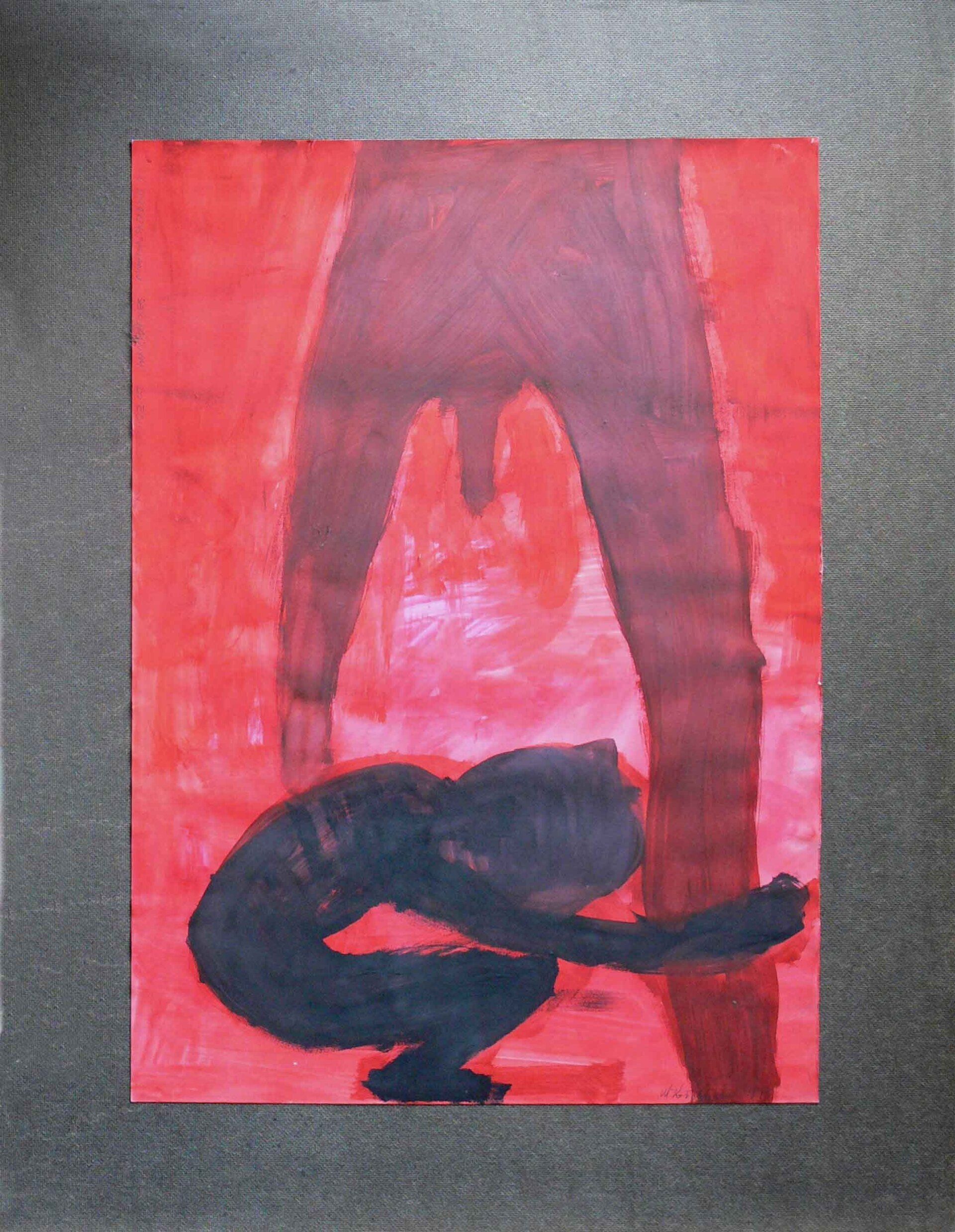 shadow figure in a red and black graphic art