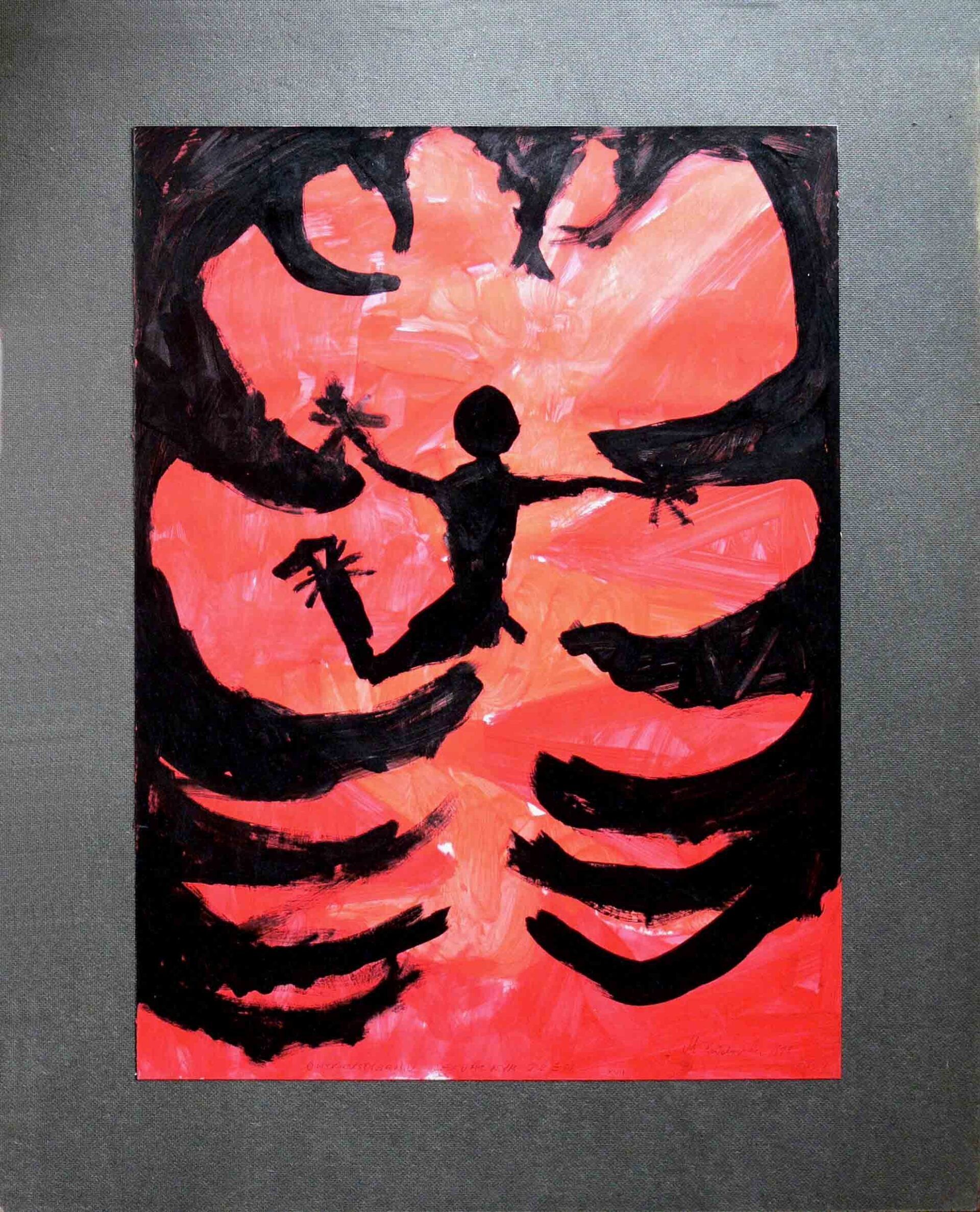 Graphic black and red study of emotional turmoil.