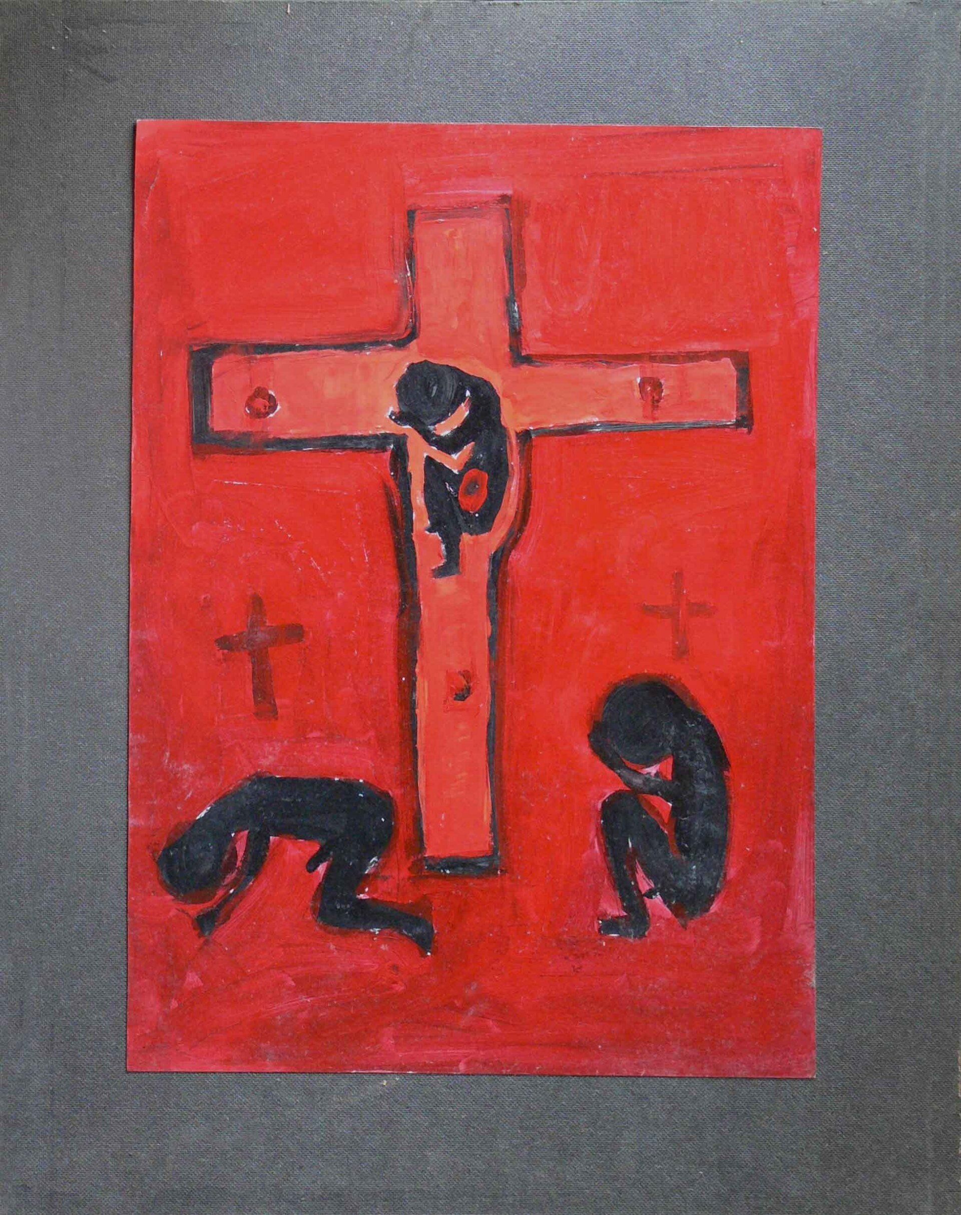 Expressive red and black study of psychological burden.