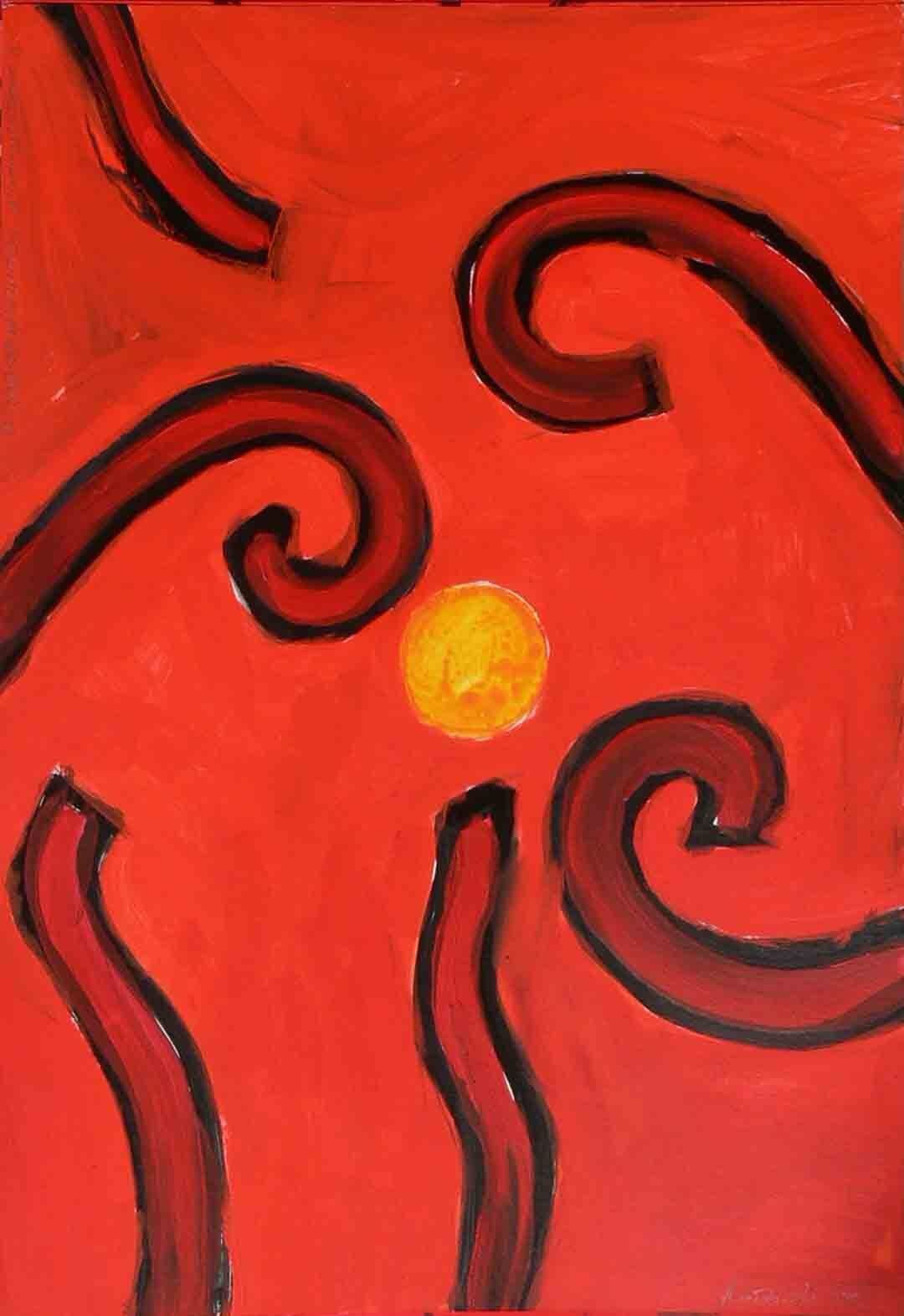 Red and black form conveying existential anxiety.