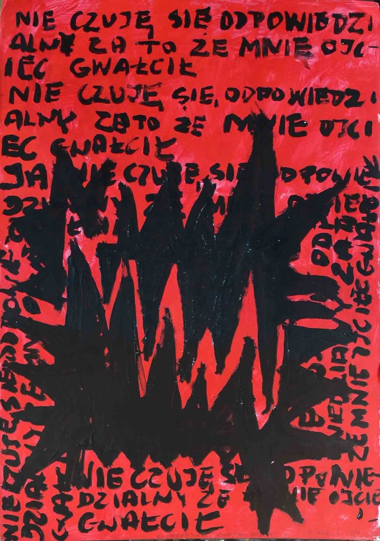 Graphic black and red study of emotional turmoil.