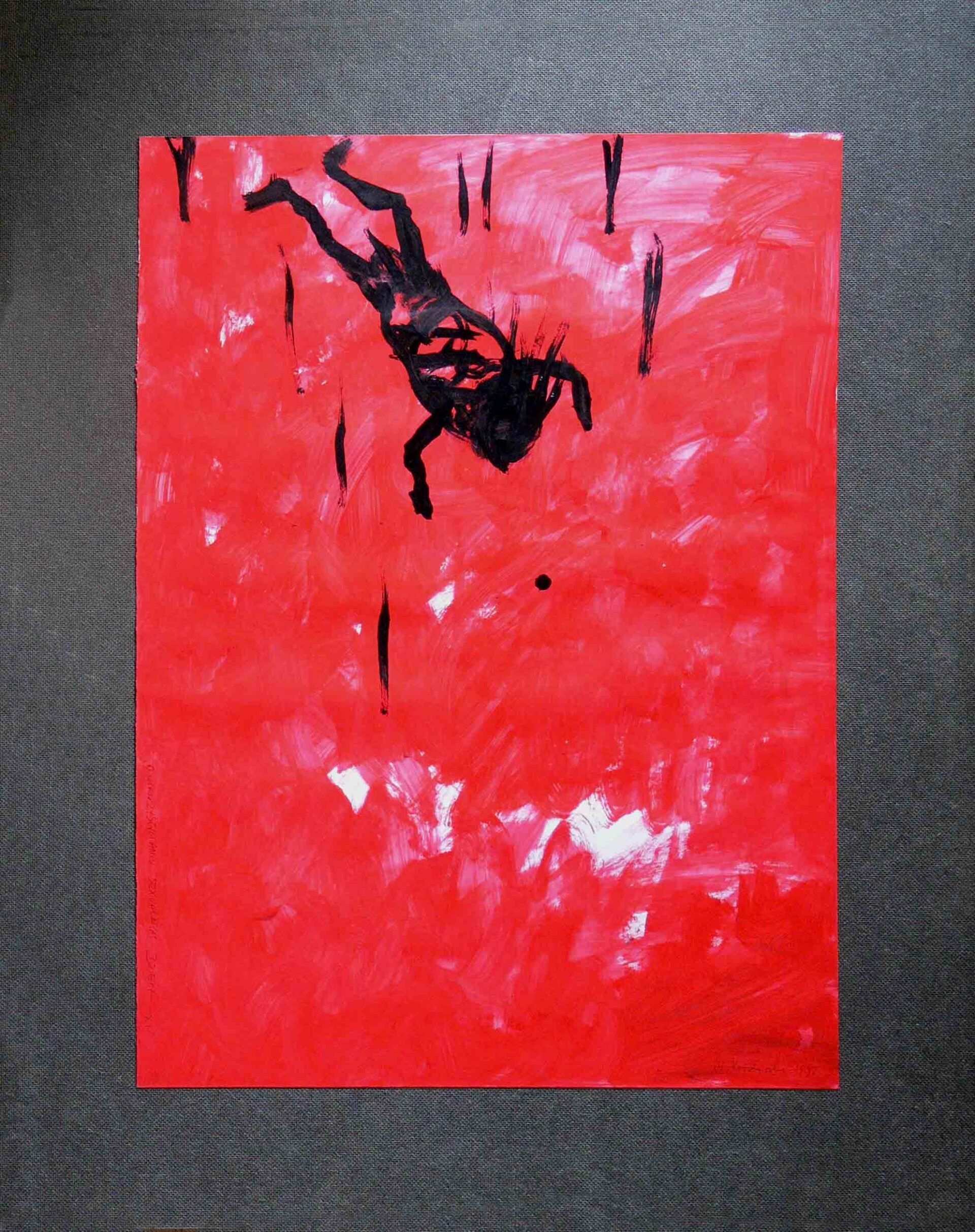 black flying figure in red background, graphic art
