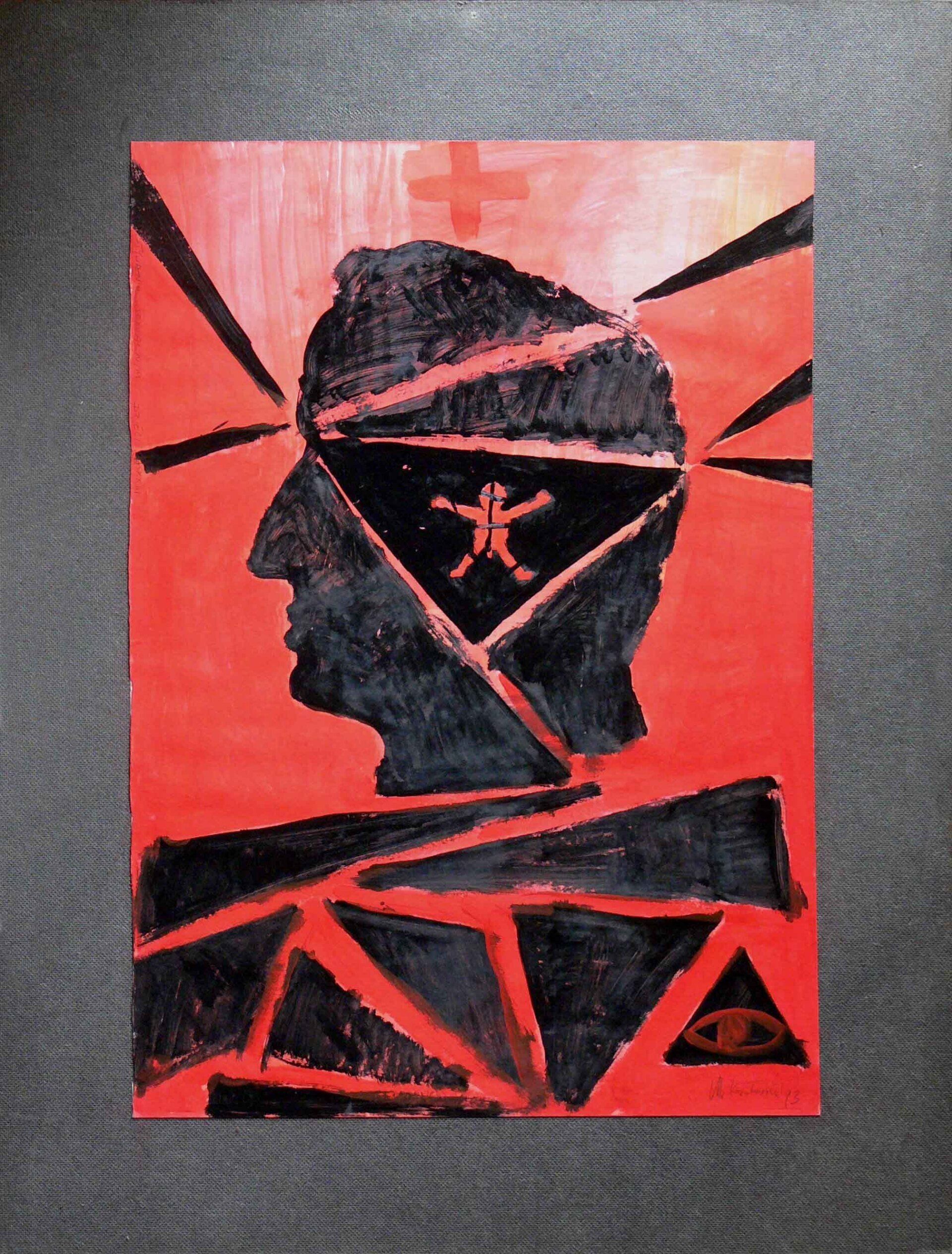 Black silhouette pierced by red lines of tension.