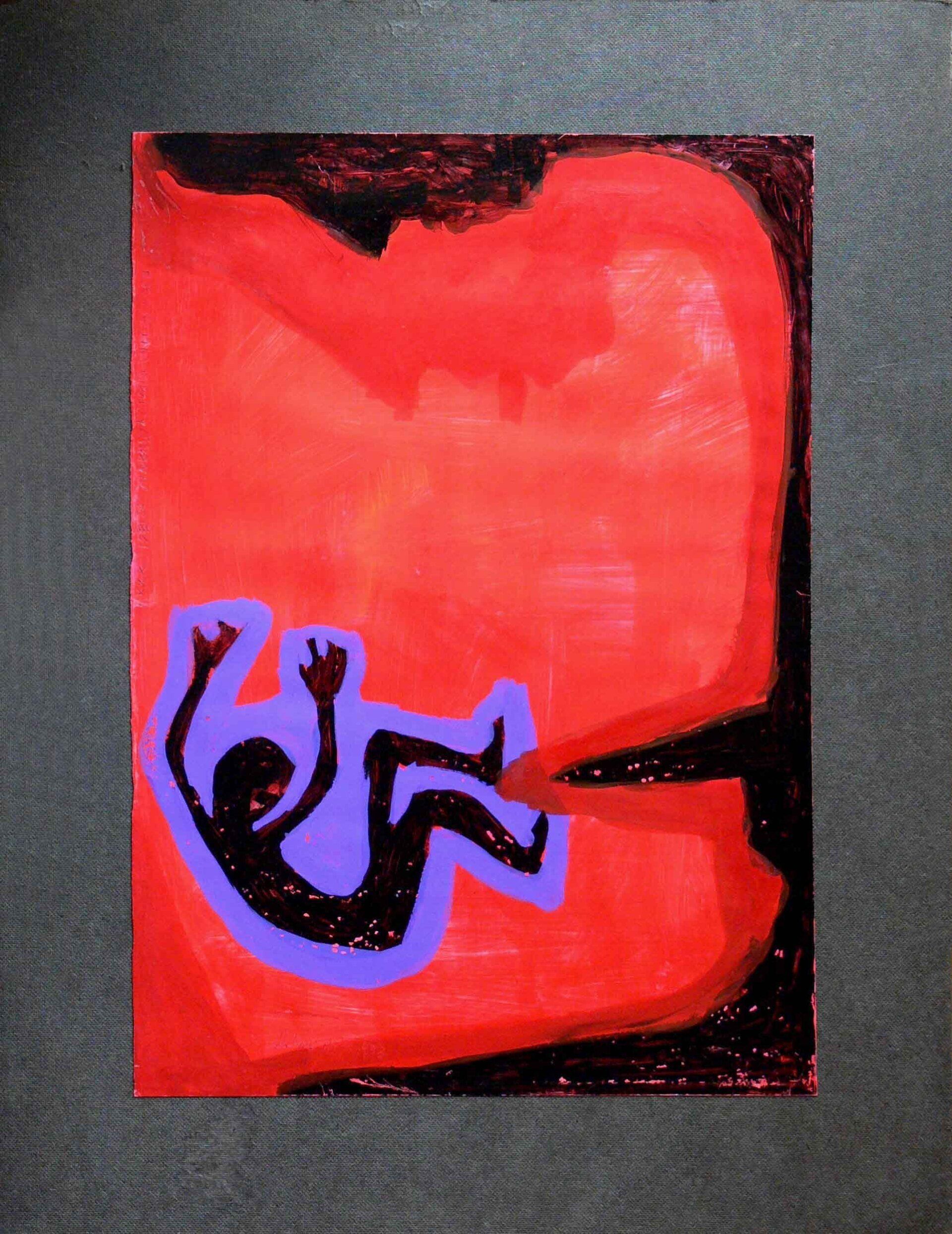 purple and black figure on red background in graphic art
