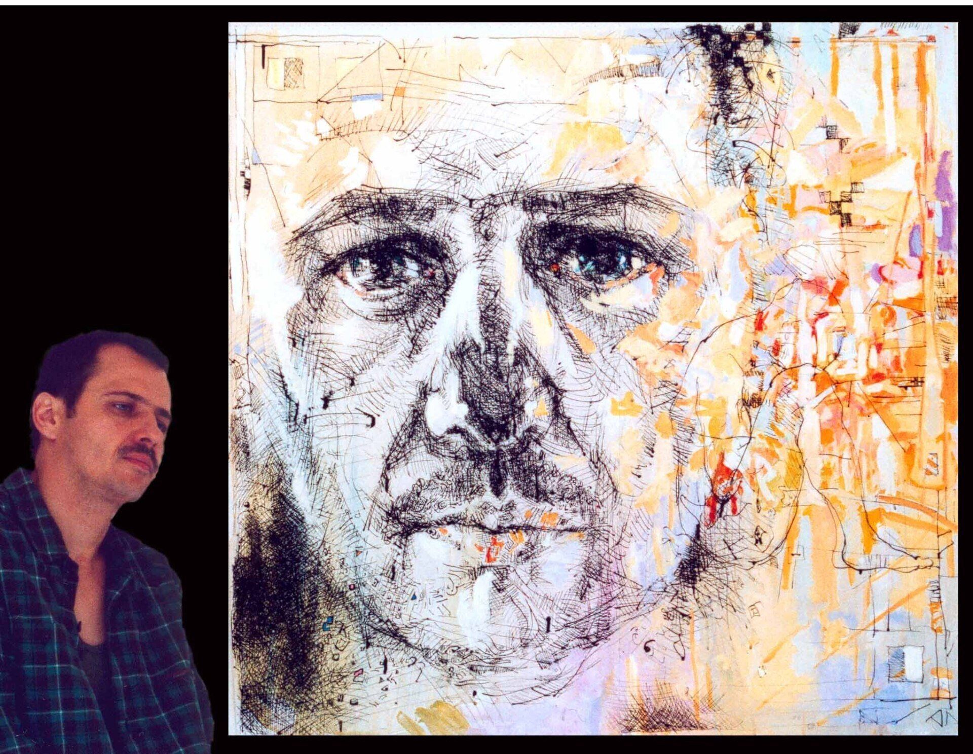 Self-portrait by Mariusz Kaldowski — acrylic & pen & ink on canvas, with the artist