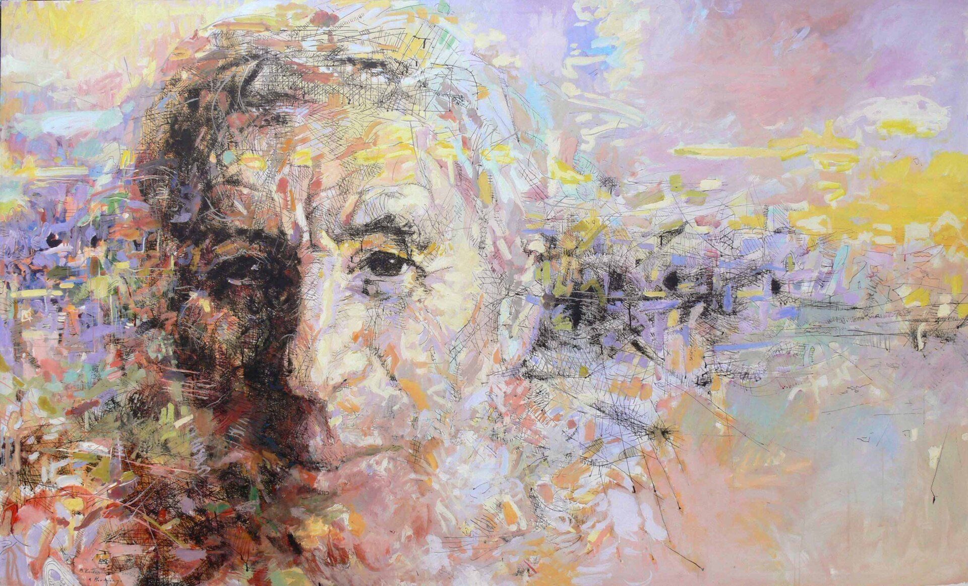Abstract portrait with expressive brushstrokes blending figure and atmosphere.