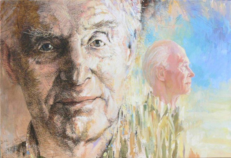 Portrait of Fred Olsen by Mariusz Kaldowski — acrylic & pen & ink on canvas, commissioned work