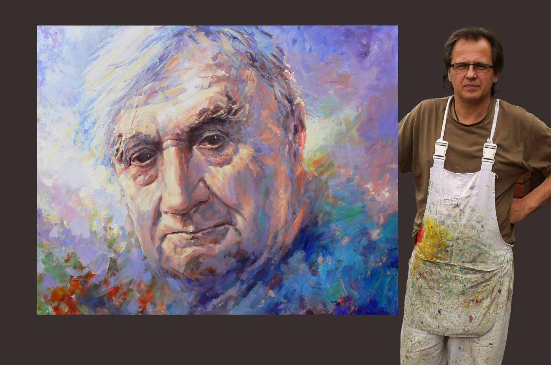 Mariusz Kaldowski with his Portrait of Ralph Vaughan Williams — acrylic on canvas