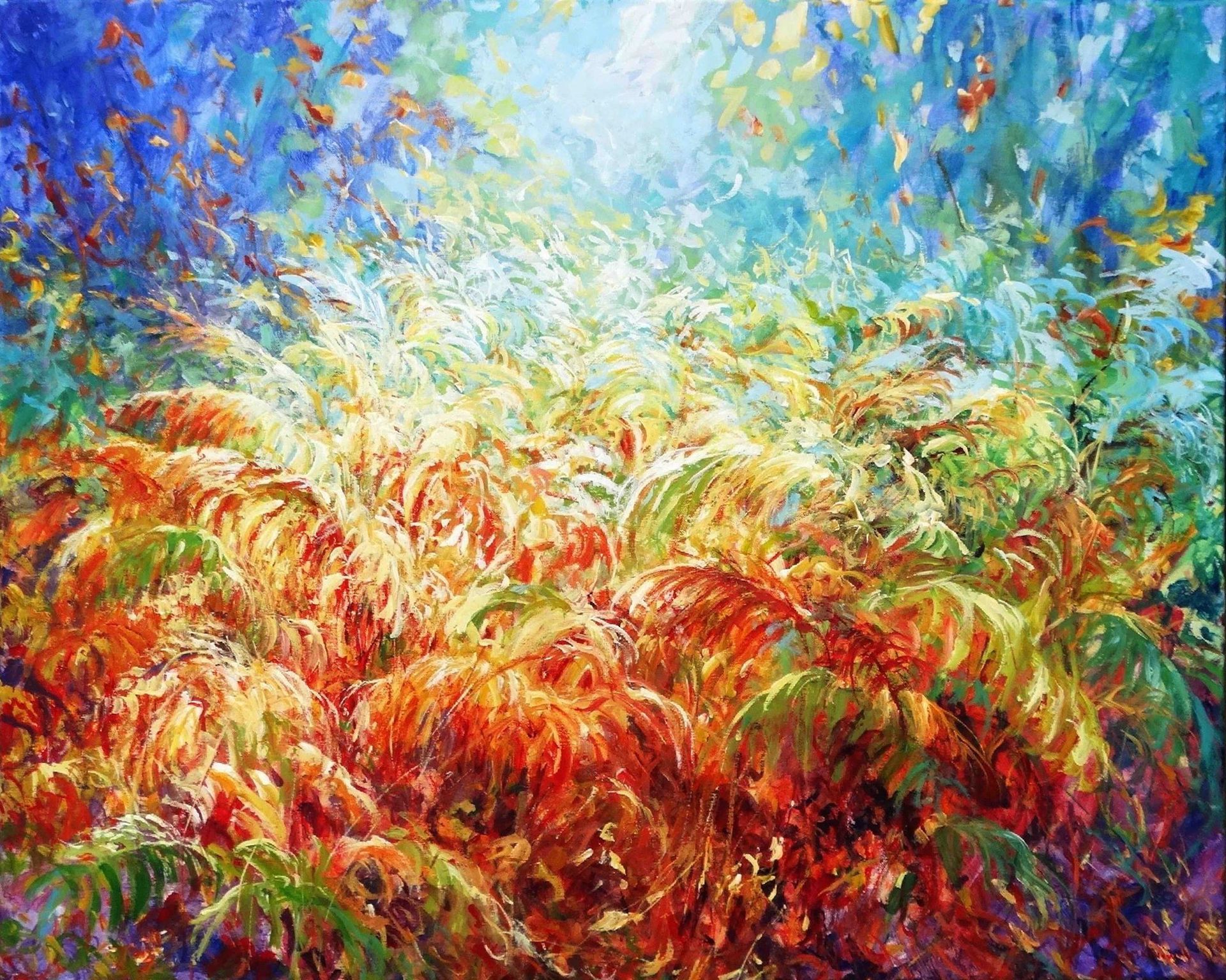 Copper Canopy – Painting by Mariusz Kaldowski, acrylic landscape artwork with foliage in rich copper and golden tones