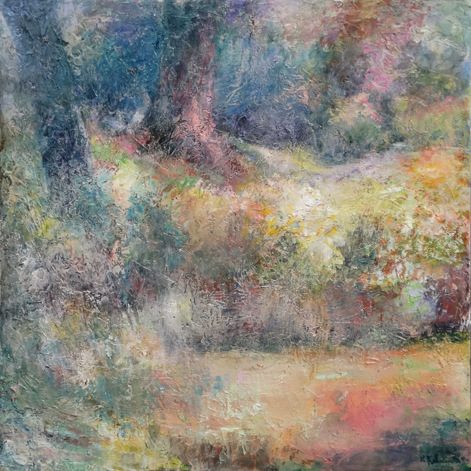 Whispers Of The Mistly Lake Leonardslee Garden painting 
acrylic on canvas 91.5 x 91.5cm