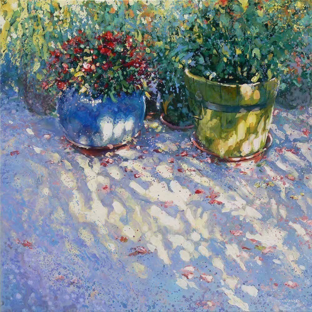 Garden patio painting “Pots” by Mariusz Kaldowski — acrylic on canvas, 100 × 100 cm