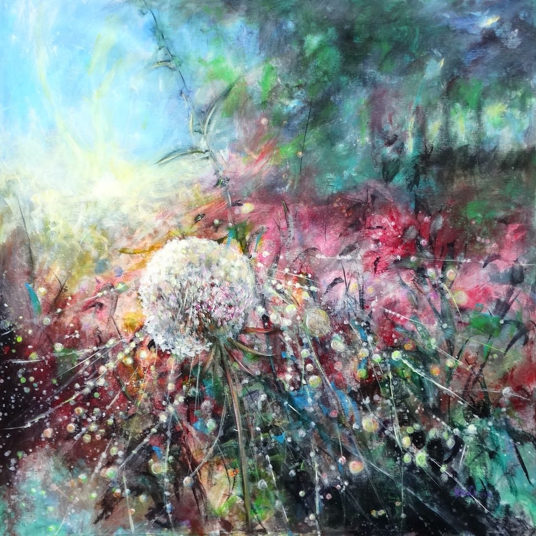 Morning Dew painting of dandelion, spider webs covered by drops of dew, acrylic on canvas 80x80cm
