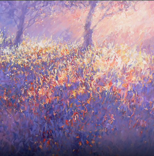 Towards the Light 2 – Painting by Mariusz Kaldowski, acrylic landscape artwork of a glowing meadow leading into sunlight