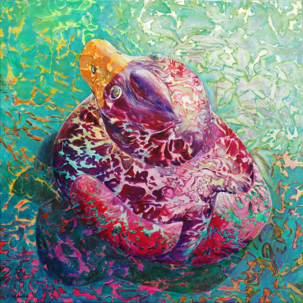 Staying Alive by Kasia Kaldowski — close-up rubber duck floating in patterned water, acrylic on canvas.
