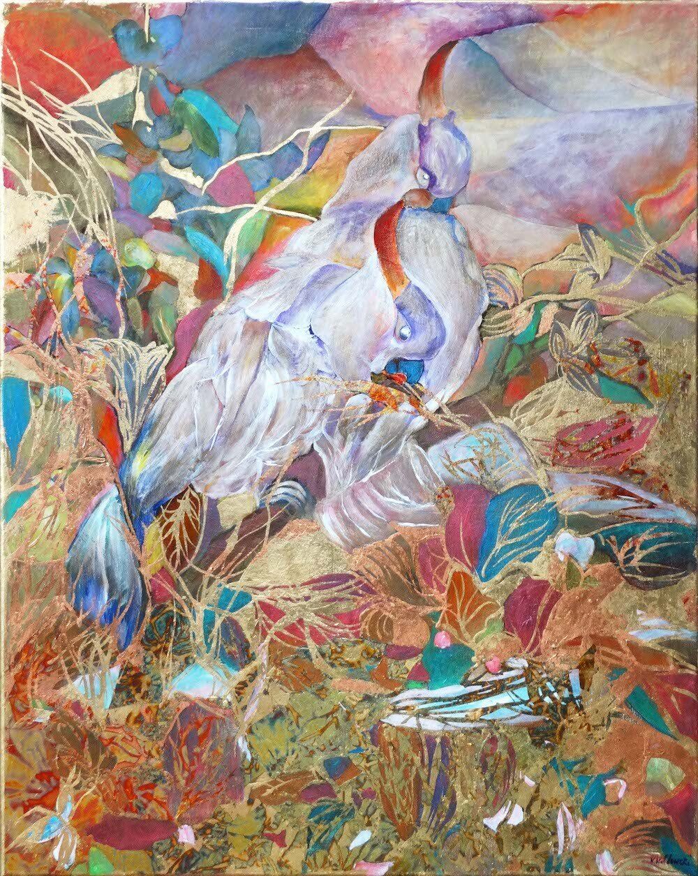 Painting by Kasia Kaldowski of parrots in Tiffany style.