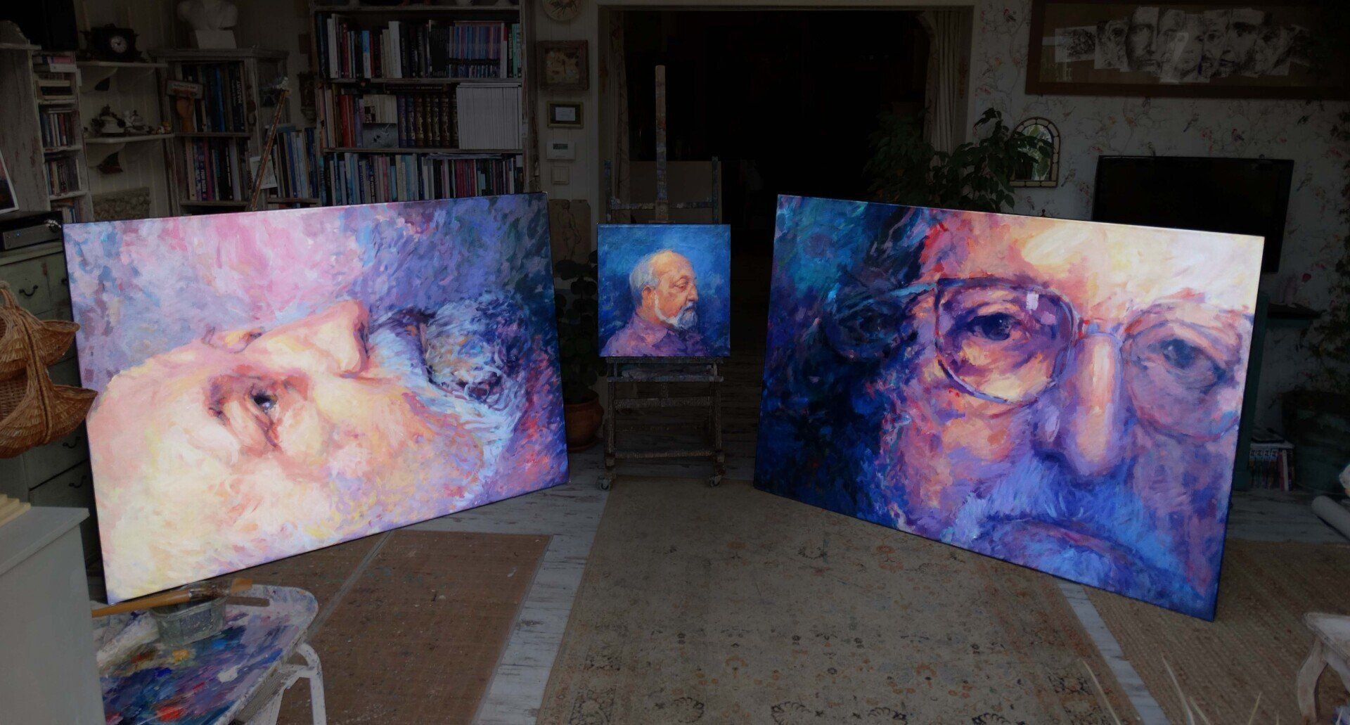 Studio view of the Penderecki triptych by Mariusz Kaldowski — large-scale portraits inspired by the composer’s music