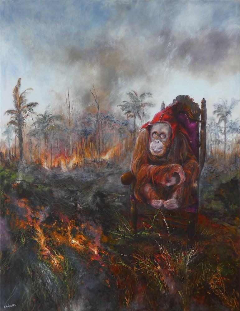 Veni Vidi Vici painting by Kasia Kaldowski — orangutan in a jester’s hat on a velvet armchair before burning palm forest 