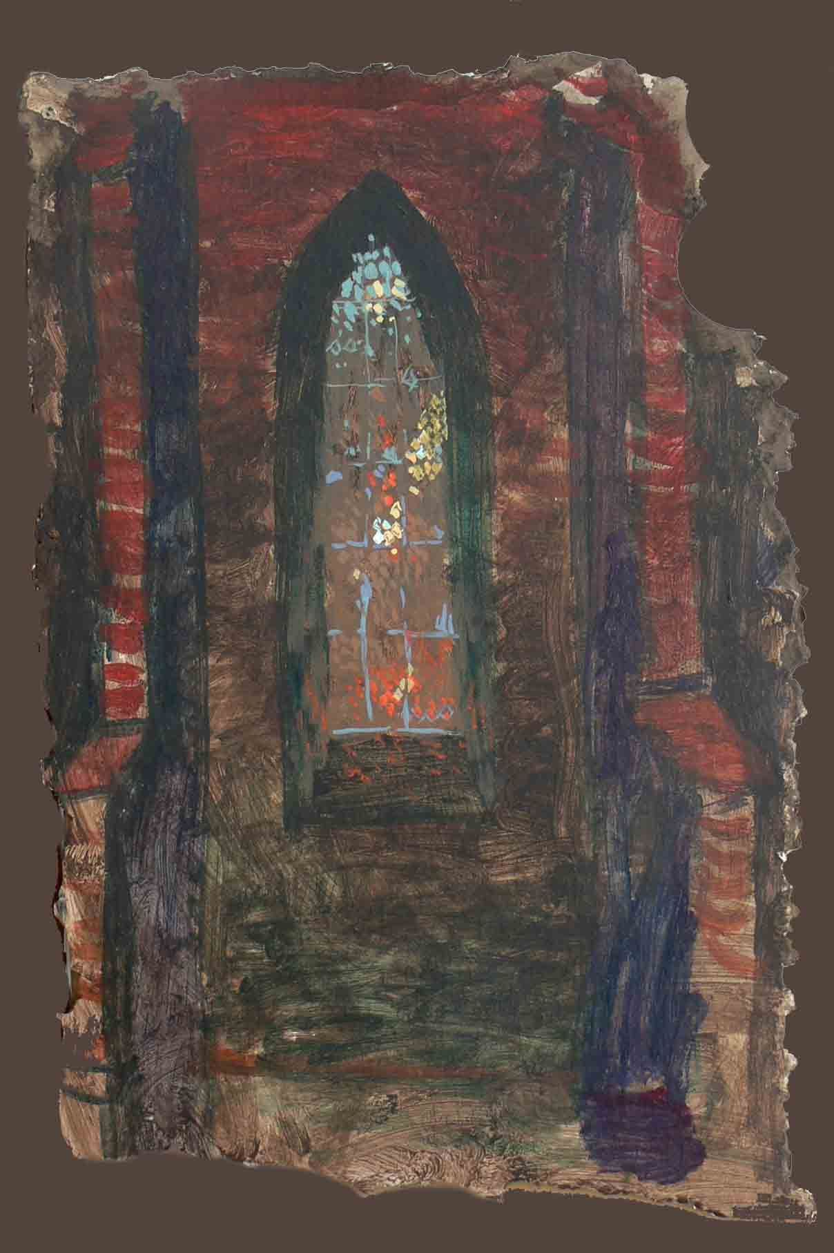 Symbolic painting of a stained glass window from Written in Memories — acrylic on paper, 70×50 cm.