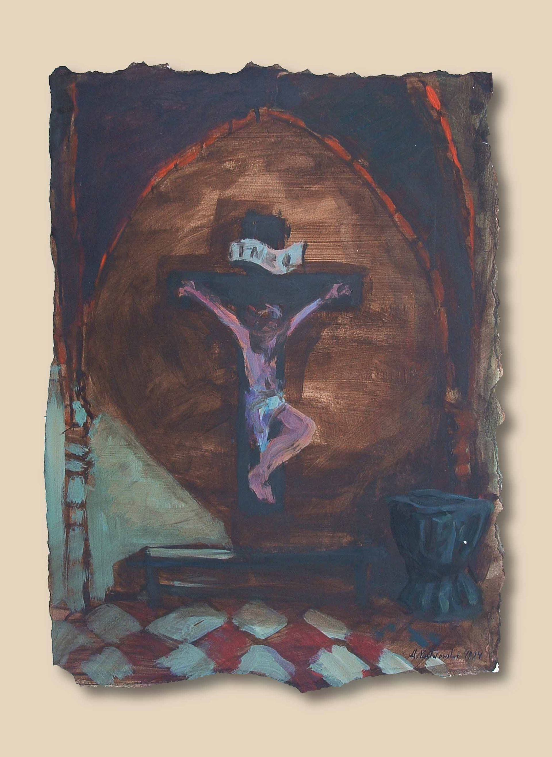 Symbolic house with crucifix interior from Written in Memories — acrylic on paper, 50×70 cm, by Mariusz Kaldowski