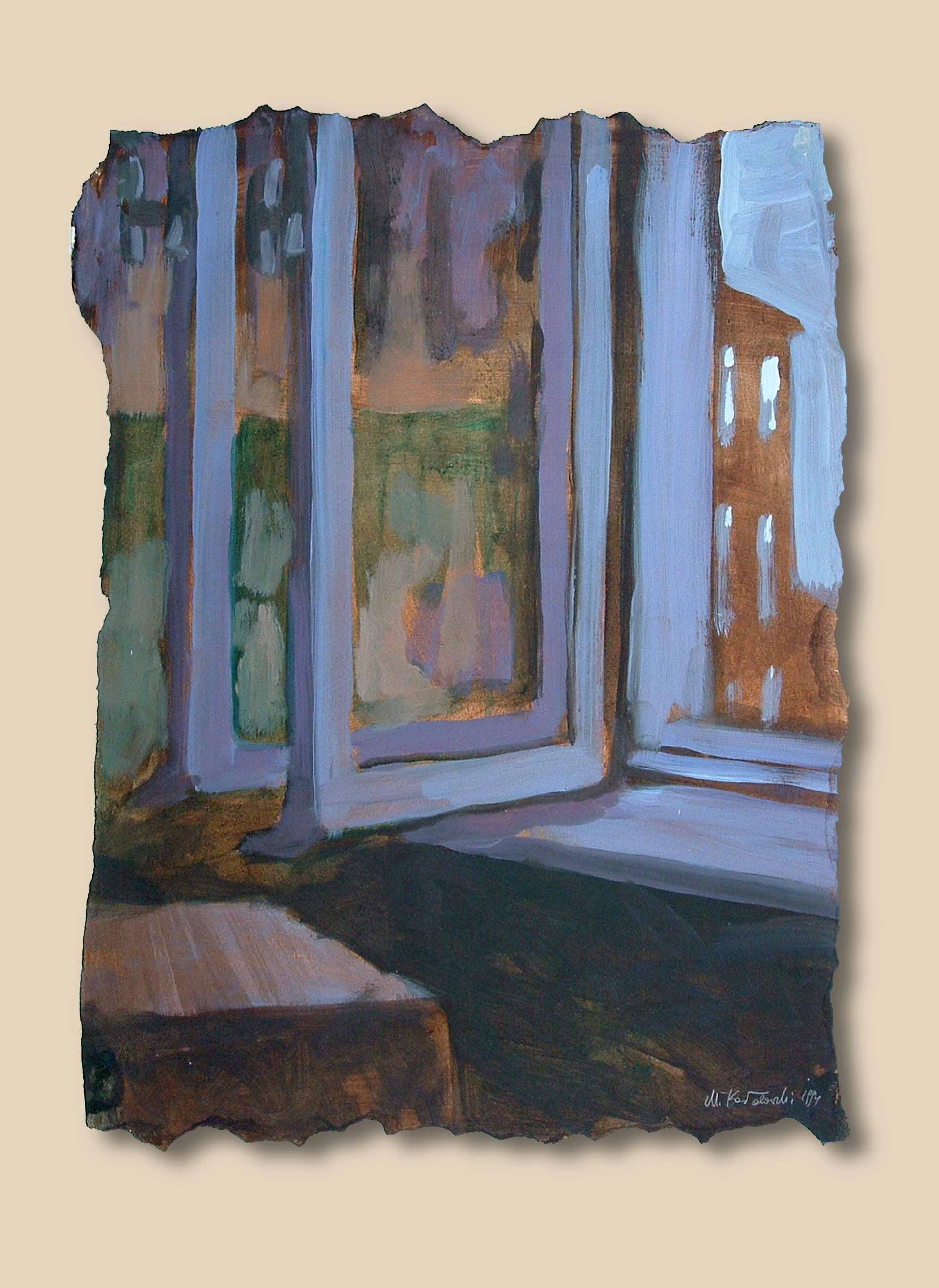 Symbolic painting of open double windows from Written in Memories — with memory of childhood, acrylic on paper, 70×50 cm