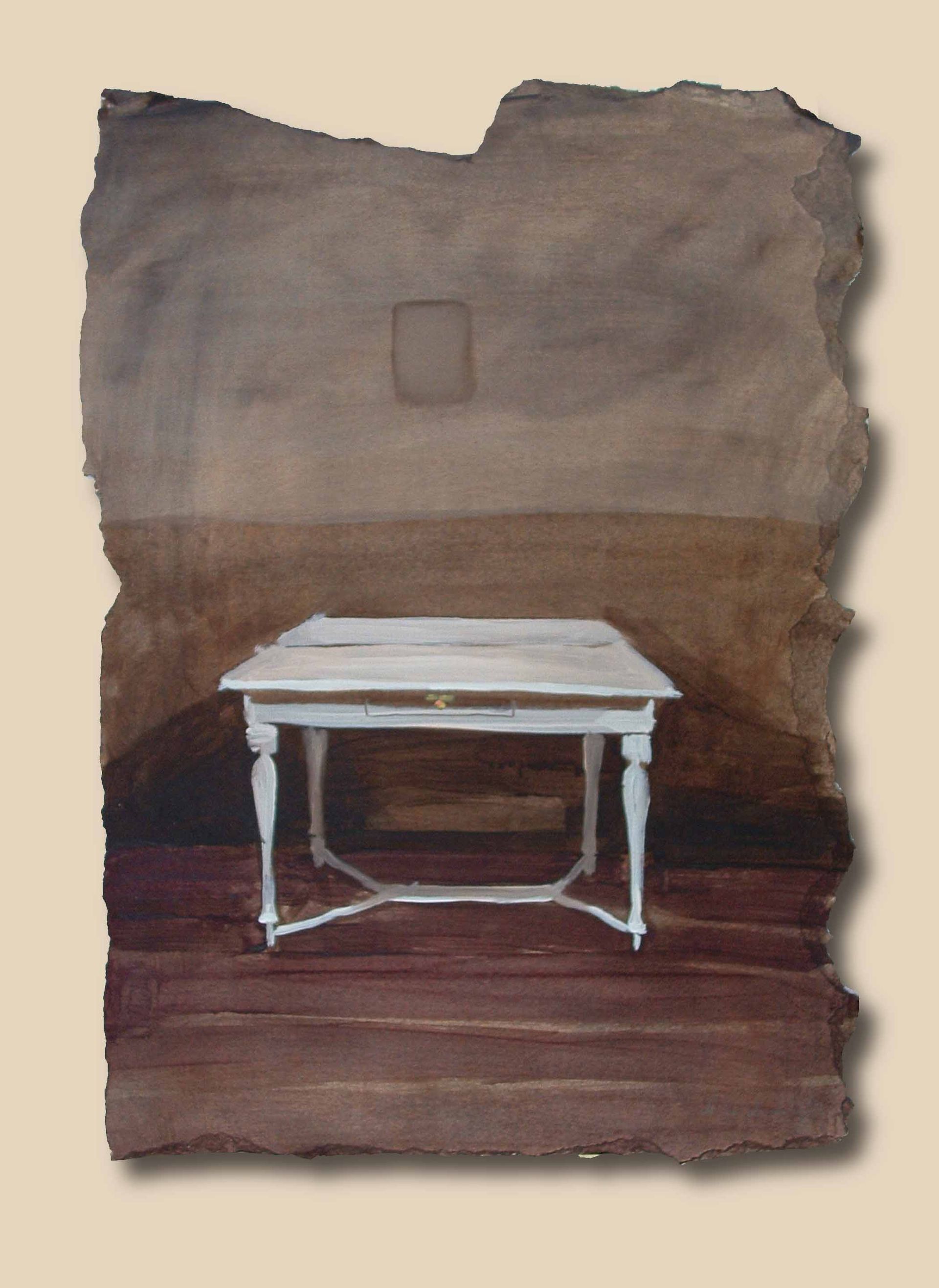 Symbolic interior from Written in Memories — impression of a family dining room with white table, acrylic on paper, 70×50 cm