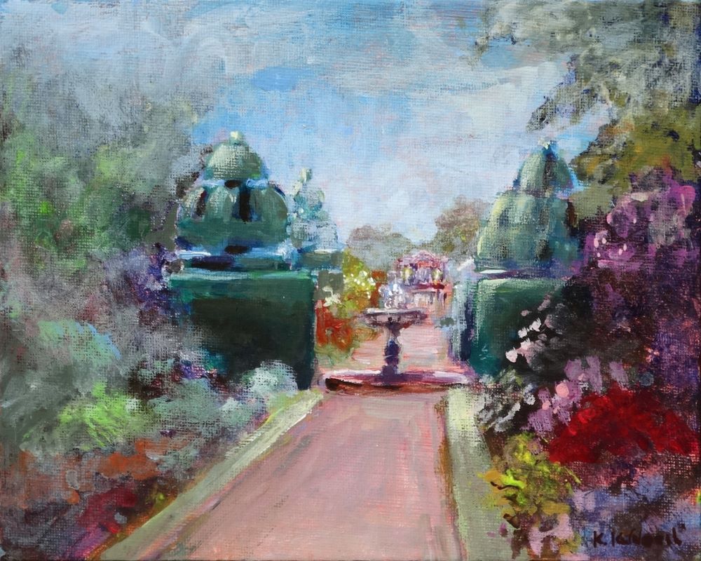 Nymans 2024 acrylic painting by Kasia Kaldowski, inspired by National Trust gardens, middle alley at the park