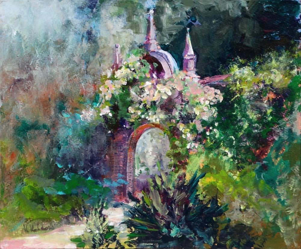 Nymans 2024 acrylic painting by Kasia Kaldowski, inspired by National Trust gardens, beautiful gate at the park