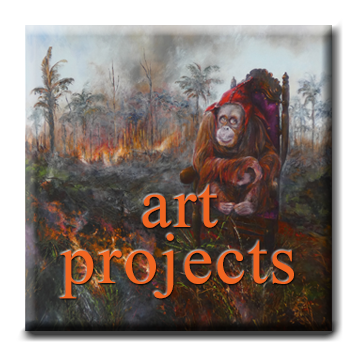 Kasia Kaldowski art projects Kasia Paldowski painting of an Orangutan on arm chair as jester with palm forest on fire