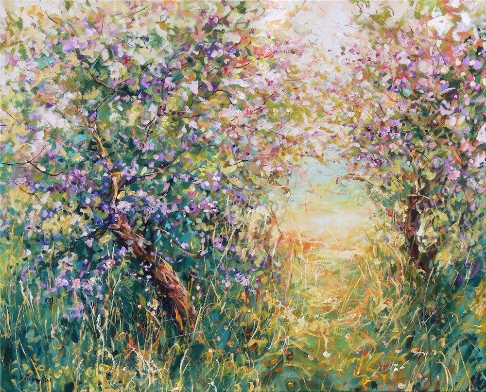 Landscape painting “Cherry Trees” by Mariusz Kaldowski — acrylic on canvas, 80 × 100 cm. Commission Work.