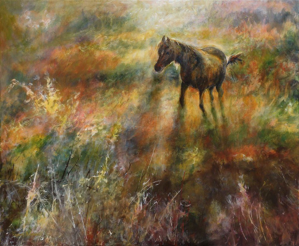 Painting by Kasia Kaldowski of a horse in a mistly golden meadow.