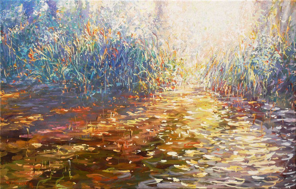 Landscape painting “Golden Pond” by Mariusz Kaldowski — acrylic on canvas, 66 × 100 cm