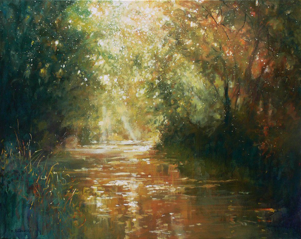 Landscape painting “Golden Reflections” by Mariusz Kaldowski — acrylic on canvas, 80 × 100 cm