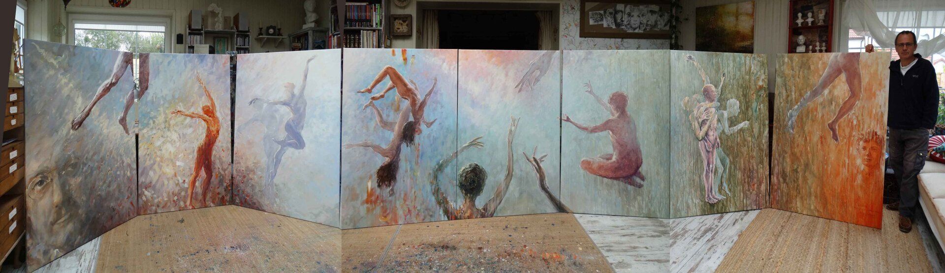 Mariusz Kaldowski with his large-scale painting inspired by Britten’s Variations on a Theme of Frank Bridge in artist studio
