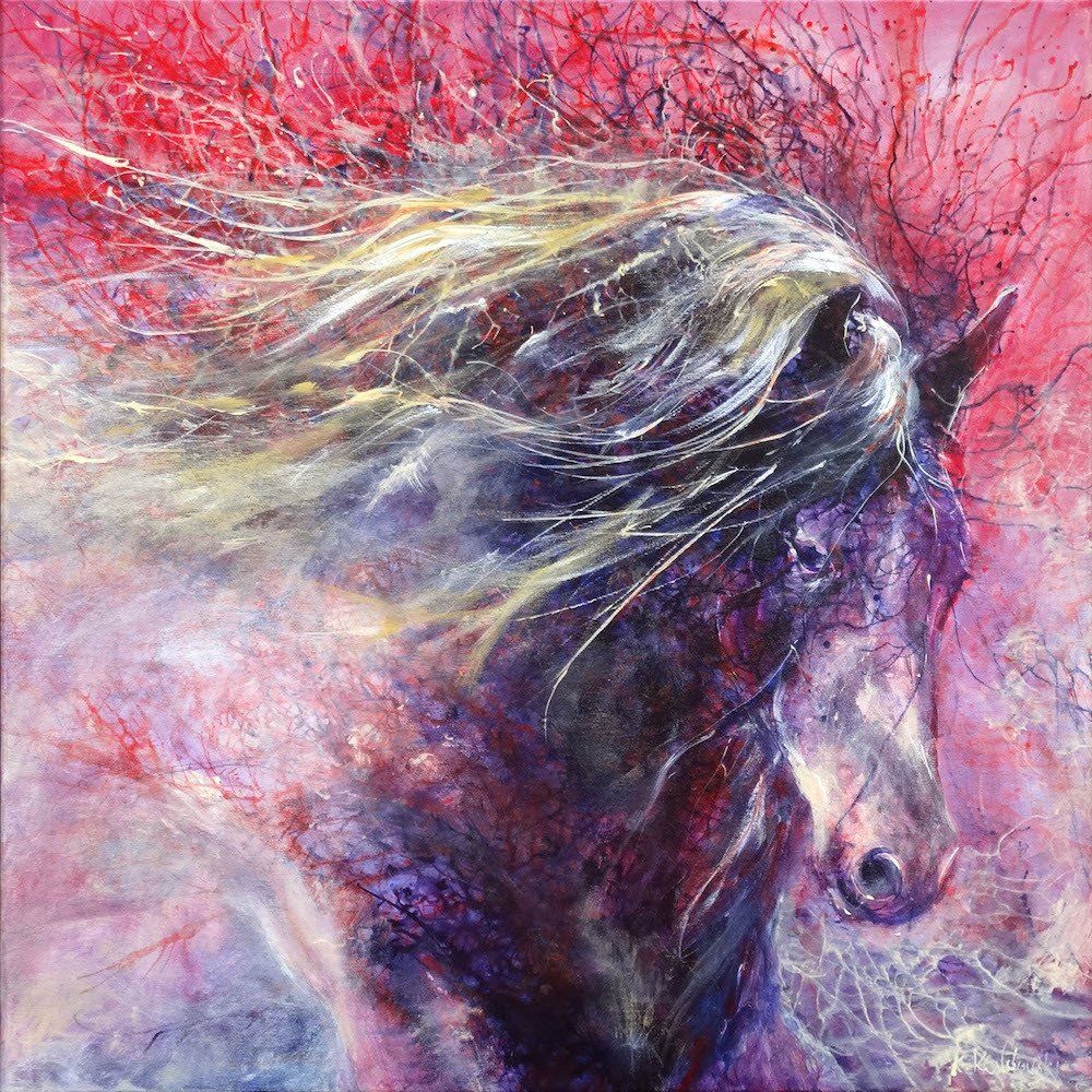 Painting by Kasia Kaldowski of a horse galloping on scarlet abstract background.