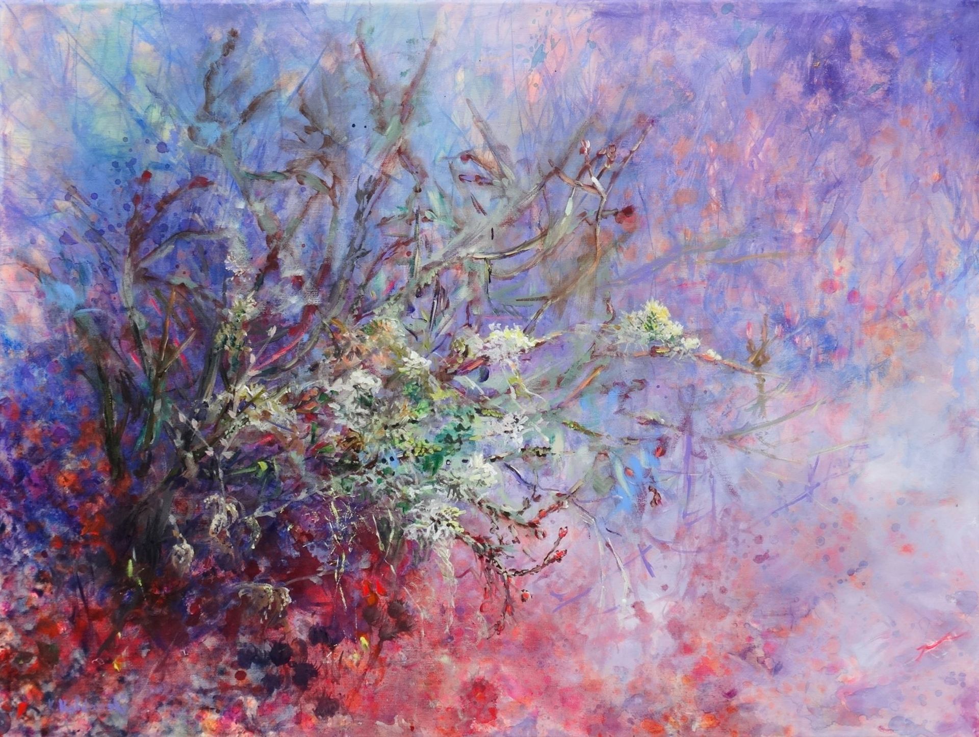 Early Spring painting of spring branches covered with lichen 
acrylic on canvas 76 x 101.5cm
