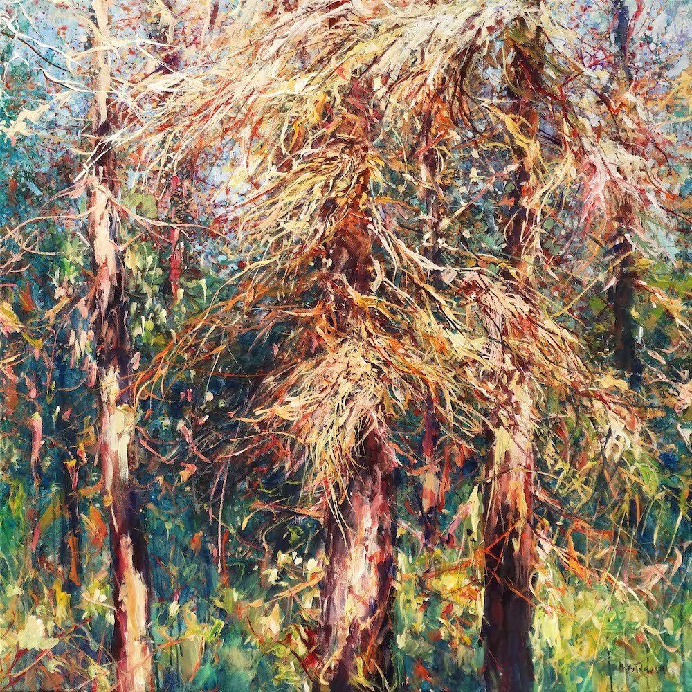 Forest painting “Magnificent Pines 2” by Mariusz Kaldowski — acrylic on canvas, 100 × 100 cm