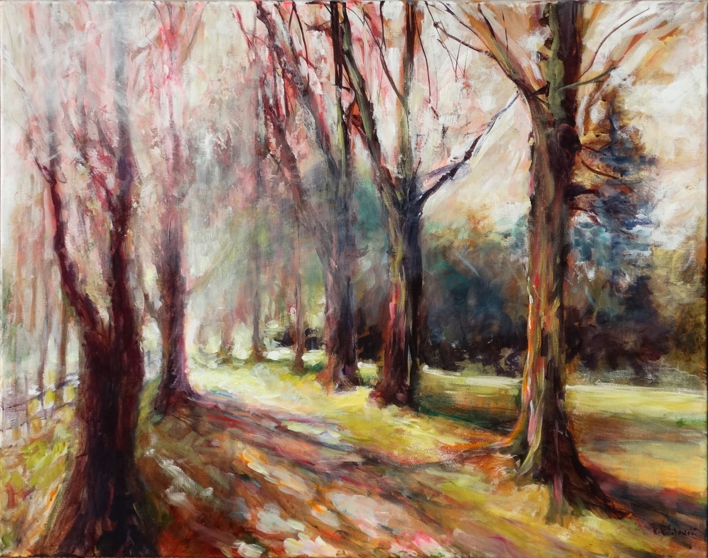Nymans 2024 acrylic painting by Kasia Kaldowski, inspired by National Trust gardens, Lime Tree Alley at Nymans