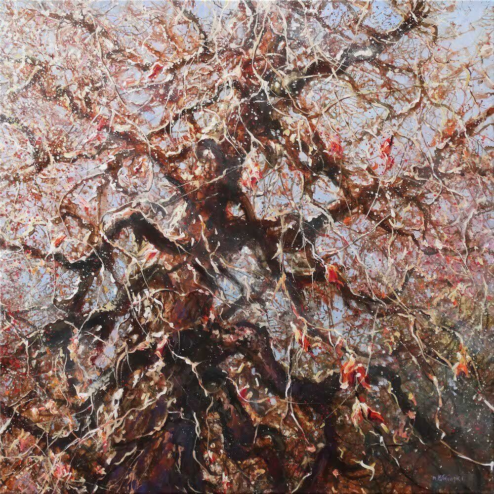 Tree painting “Marlborough Tree” by Mariusz Kaldowski — acrylic on canvas, 100 × 100 cm