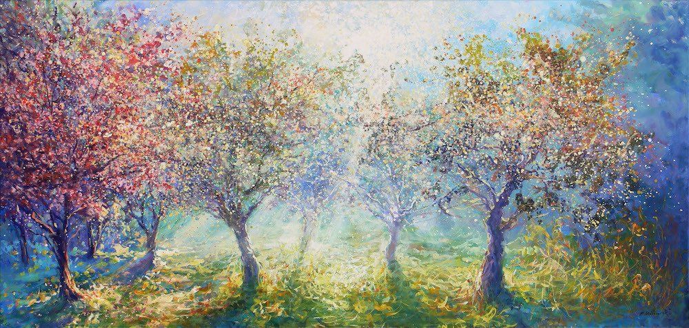 Landscape painting “Midday Orchard” by Mariusz Kaldowski — acrylic on canvas, 70 × 150 cm. Commission work.