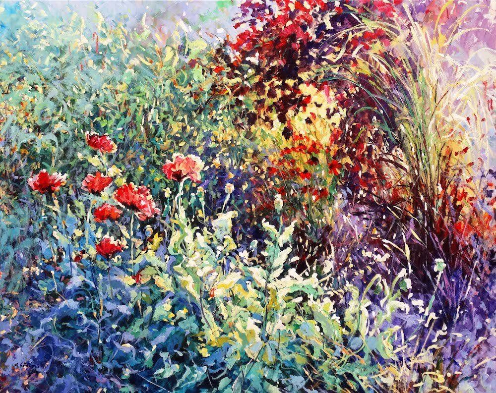 garden painting “My Garden” by Mariusz Kaldowski — acrylic on canvas, 80 × 100 cm