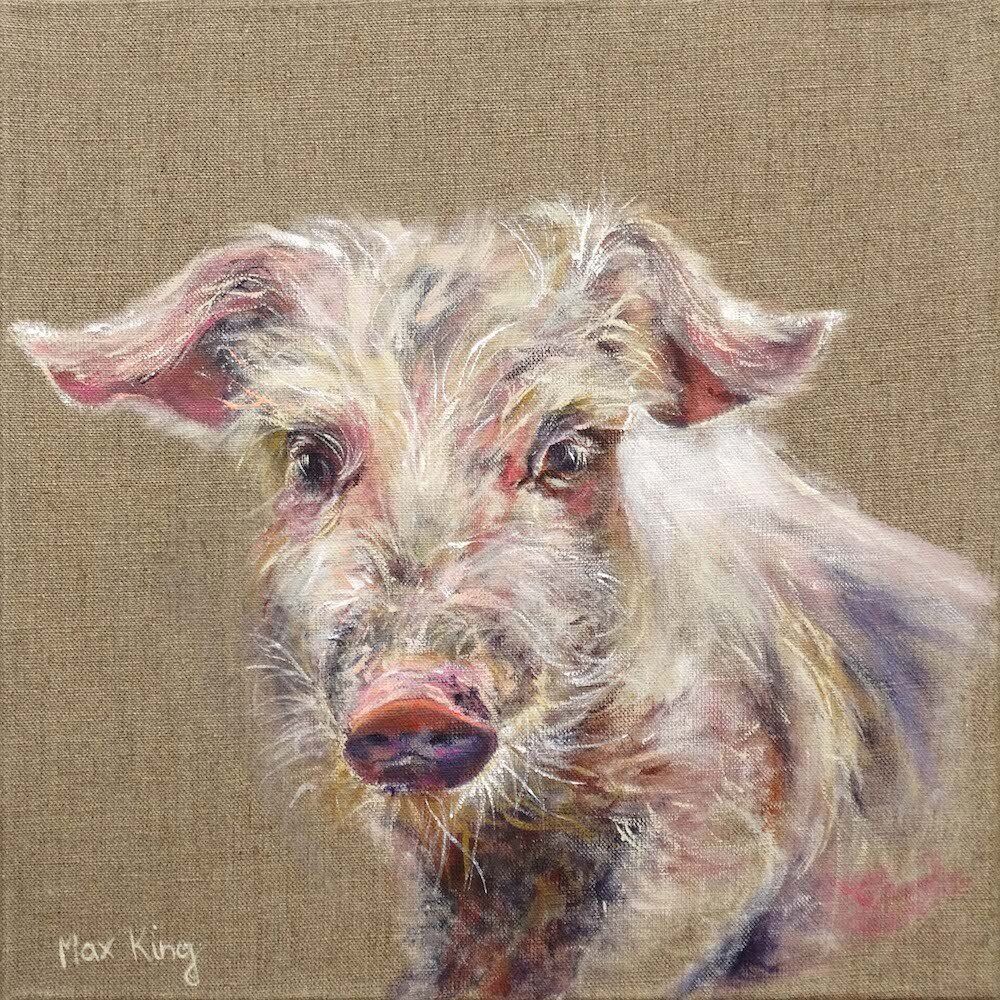 Painting of a piglet in acrylic on raw canvas by Kasia Kaldowski