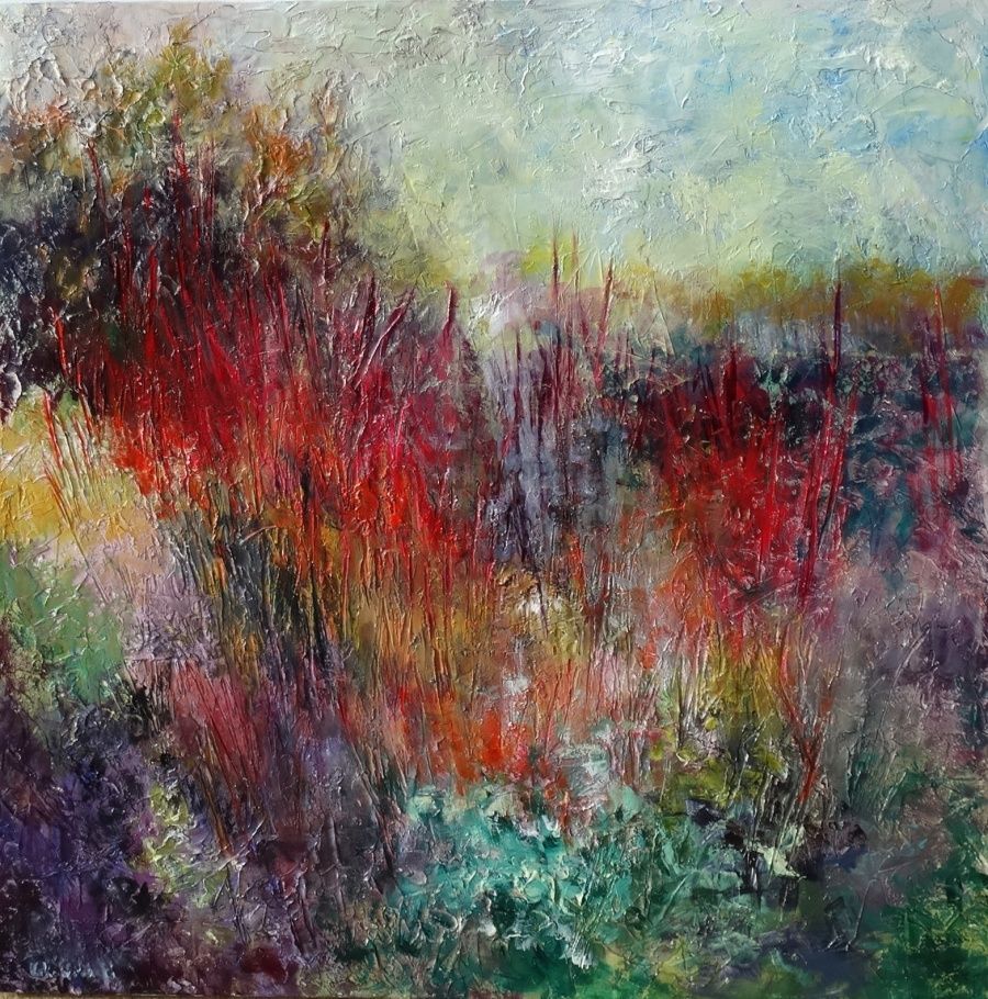 Scarlet Nature painting of cornus red branches in winter 
acrylic on canvas 91.5 x 91.5cm